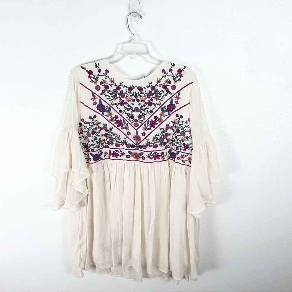 UMGEE Cream Floral Embroidered Bell Sleeves Lined Pleated Dress XL Boho Western